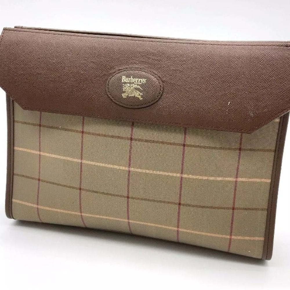 Burberrys Beige Brown  Canvas and Leather Check Pattern Clutch Bag - Vintage